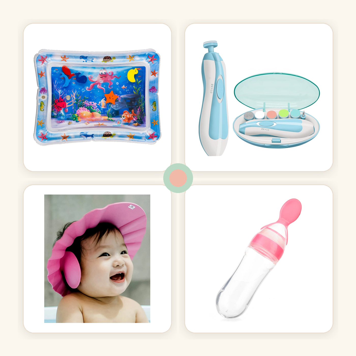 Sirukili 4-in-1 Baby Care Combo showing the water play mat, nail trimmer, shower cap and feeding bottle